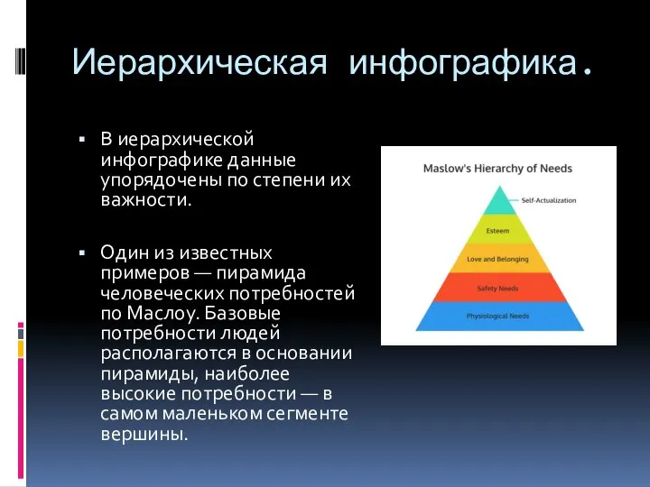 Иерархическая инфографика. В иерархической инфографике данные упорядочены по степени их важности. Один