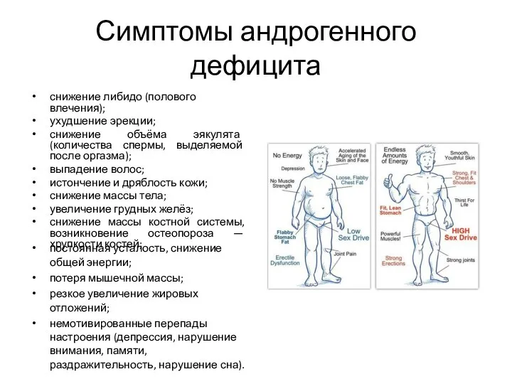 Симптомы андрогенного дефицита снижение либидо (полового влечения); ухудшение эрекции; снижение объёма эякулята