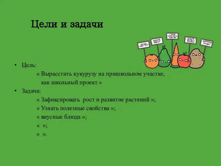 Цели и задачи Цель: « Вырасстить кукурузу на пришкольном участке, как школьный