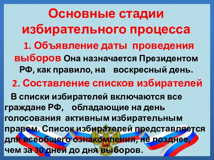 Основные стадии избирательного процесса 1. Объявление даты проведения выборов Она назначается Президентом