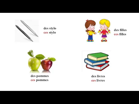 des stylo ces stylo des livres ces livres des pommes ces pommes des filles ces filles