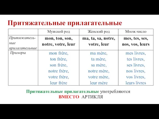 Притяжательные прилагательные Притяжательные прилагательные употребляются ВМЕСТО АРТИКЛЯ