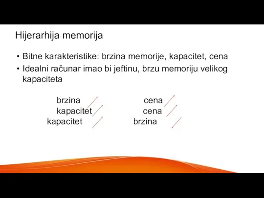 Hijerarhija memorija Bitne karakteristike: brzina memorije, kapacitet, cena Idealni računar imao bi