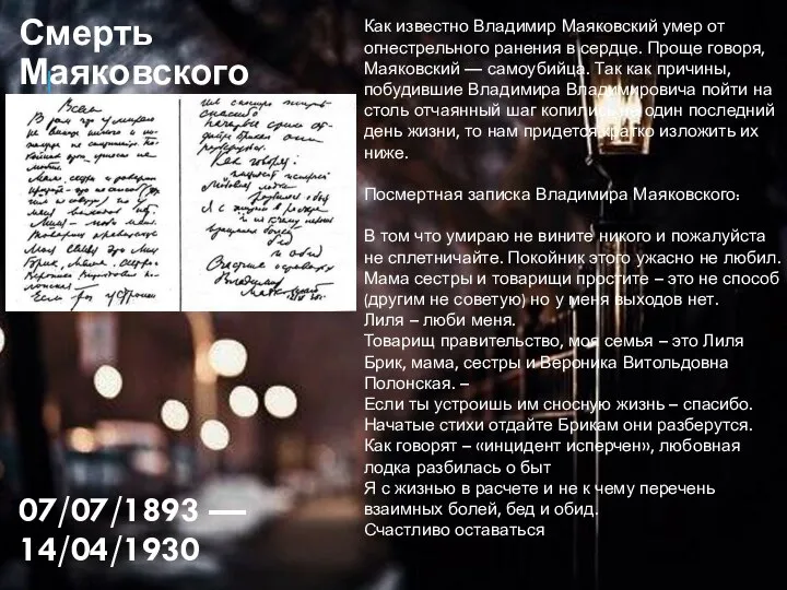 Смерть Маяковского 07/07/1893 — 14/04/1930 Как известно Владимир Маяковский умер от огнестрельного