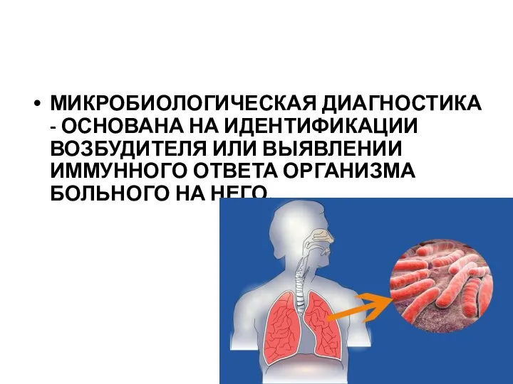 МИКРОБИОЛОГИЧЕСКАЯ ДИАГНОСТИКА - ОСНОВАНА НА ИДЕНТИФИКАЦИИ ВОЗБУДИТЕЛЯ ИЛИ ВЫЯВЛЕНИИ ИММУННОГО ОТВЕТА ОРГАНИЗМА БОЛЬНОГО НА НЕГО.