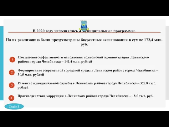 В 2020 году исполнялись 4 муниципальные программы. На их реализацию были предусмотрены