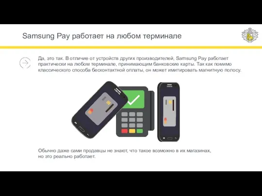 Samsung Pay работает на любом терминале Да, это так. В отличие от