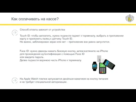 Способ оплаты зависит от устройства Touch ID: чтобы заплатить, нужно поднести гаджет