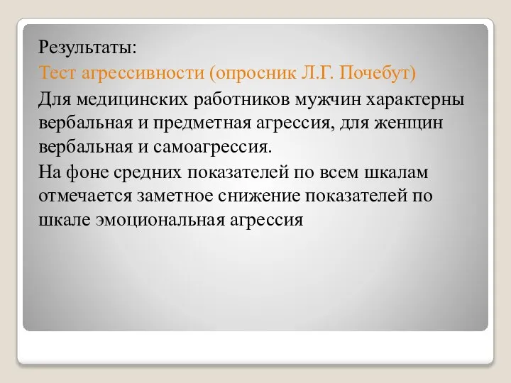 Результаты: Тест агрессивности (опросник Л.Г. Почебут) Для медицинских работников мужчин характерны вербальная