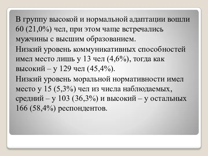 В группу высокой и нормальной адаптации вошли 60 (21,0%) чел, при этом