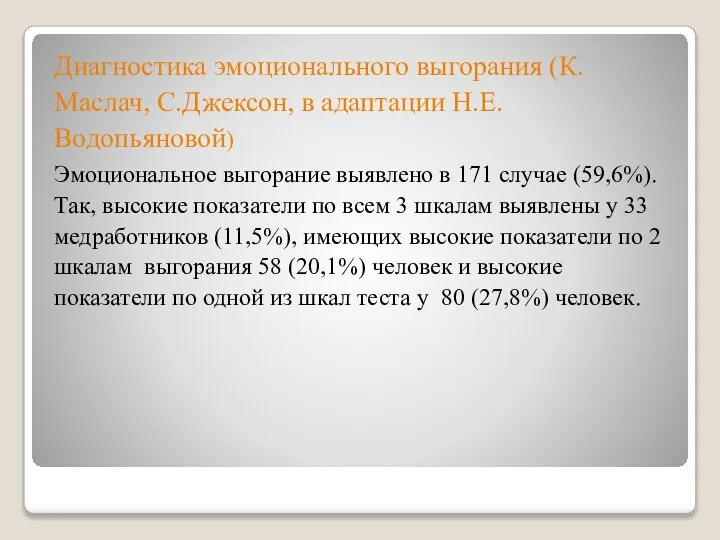 Диагностика эмоционального выгорания (К.Маслач, С.Джексон, в адаптации Н.Е.Водопьяновой) Эмоциональное выгорание выявлено в