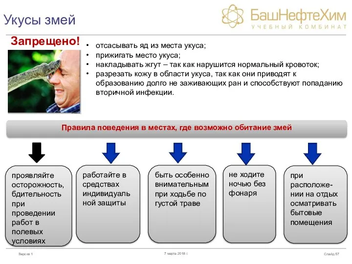 Укусы змей Слайд 7 марта 2018 г. Запрещено! отсасывать яд из места