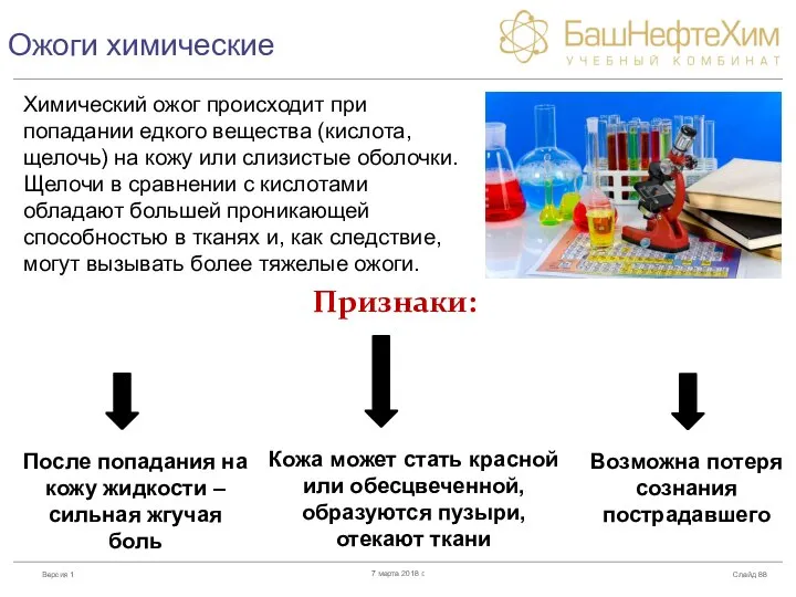 Ожоги химические Признаки: Слайд 7 марта 2018 г. После попадания на кожу