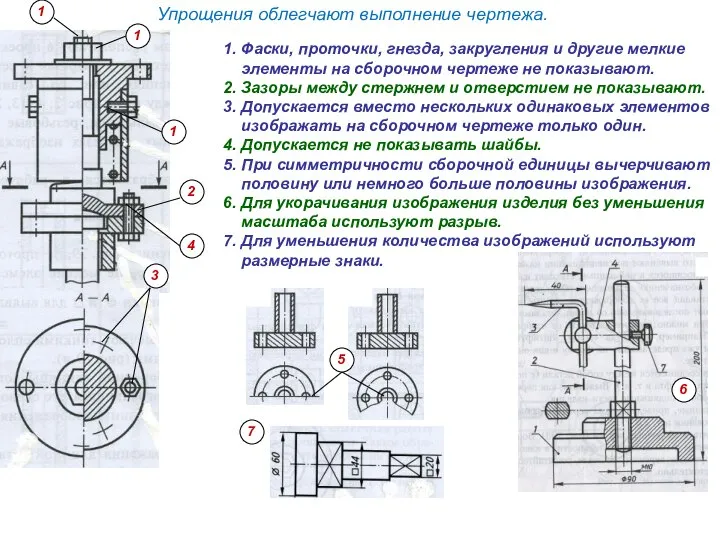 Упрощения облегчают выполнение чертежа. 1. Фаски, проточки, гнезда, закругления и другие мелкие