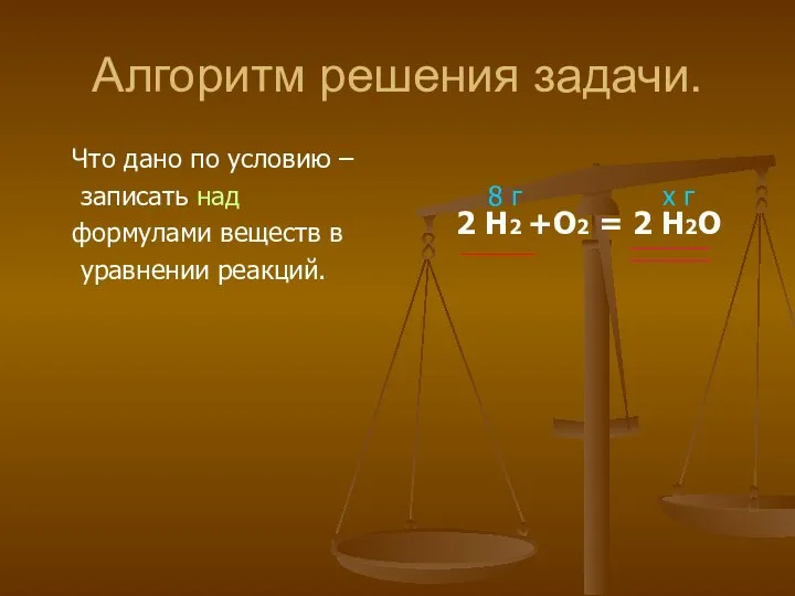 Алгоритм решения задачи. Что дано по условию – записать над 8 г