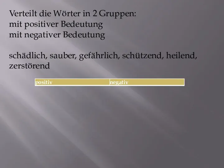 Verteilt die Wörter in 2 Gruppen: mit positiver Bedeutung mit negativer Bedeutung