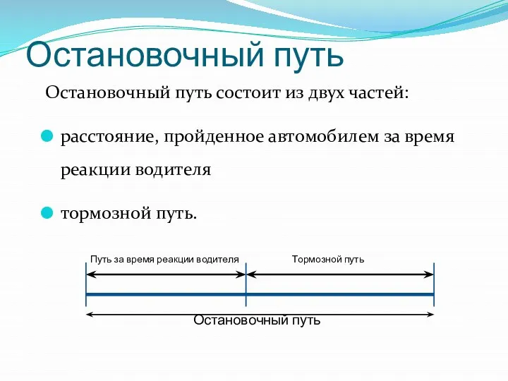 Остановочный путь Остановочный путь состоит из двух частей: расстояние, пройденное автомобилем за