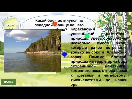 Какой бор протянулся по западной границе нашего района? Сузунский Караканский Тарадановский ДАЛЕЕ