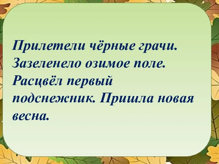 Прилетели чёрные грачи. Зазеленело озимое поле. Расцвёл первый подснежник. Пришла новая весна.