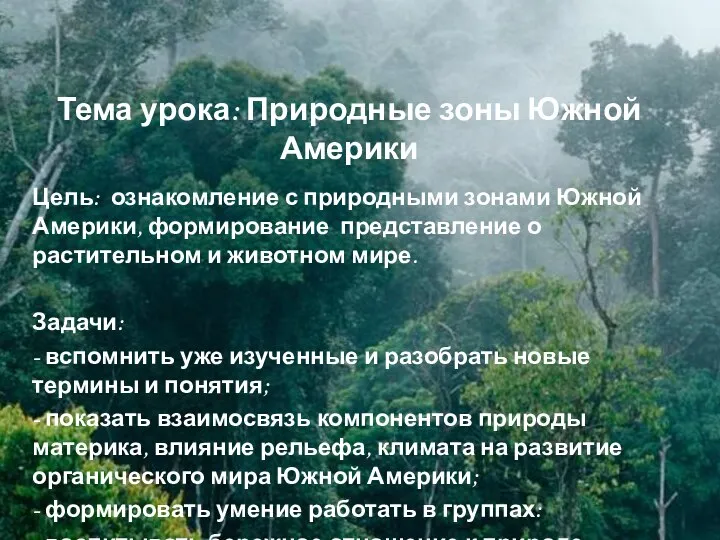 Тема урока: Природные зоны Южной Америки Цель: ознакомление с природными зонами Южной