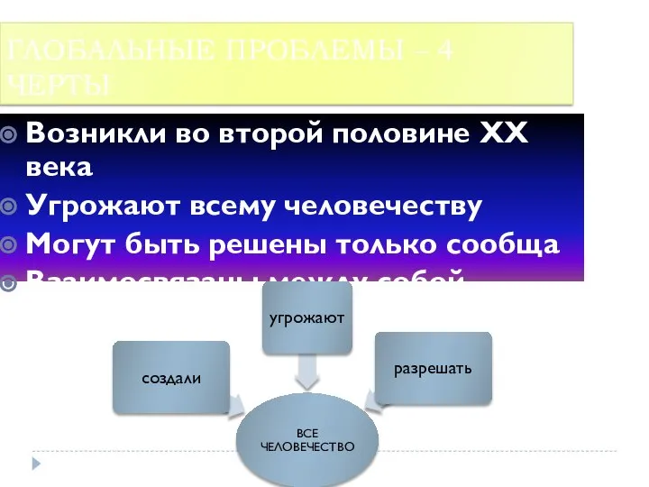 ГЛОБАЛЬНЫЕ ПРОБЛЕМЫ – 4 ЧЕРТЫ Возникли во второй половине ХХ века Угрожают