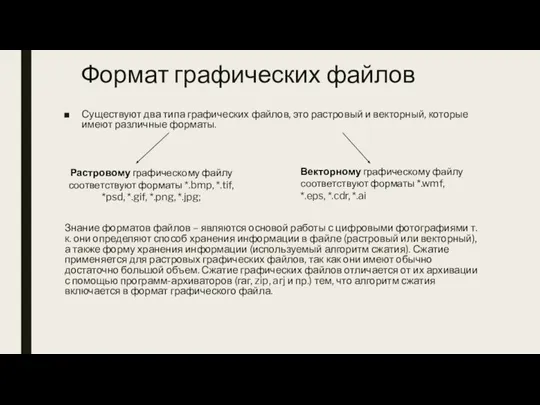 Формат графических файлов Существуют два типа графических файлов, это растровый и векторный,