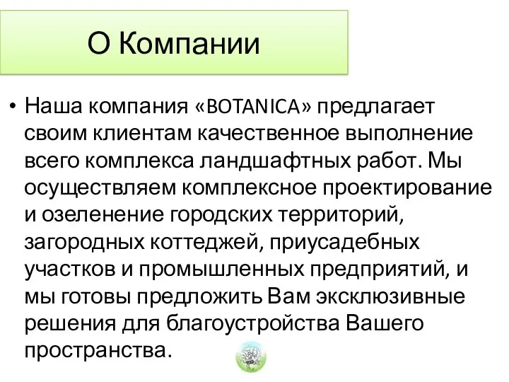 О Компании Наша компания «BOTANICA» предлагает своим клиентам качественное выполнение всего комплекса