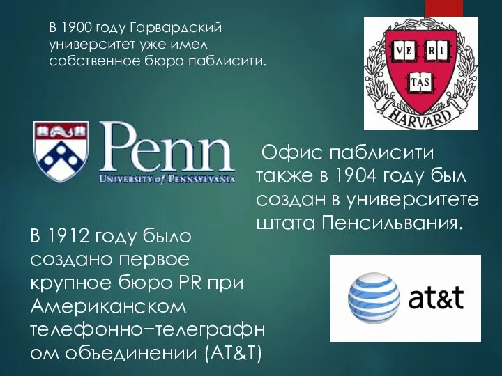В 1900 году Гарвардский университет уже имел собственное бюро паблисити. Офис паблисити
