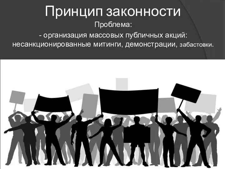 Принцип законности Проблема: - организация массовых публичных акций: несанкционированные митинги, демонстрации, забастовки.