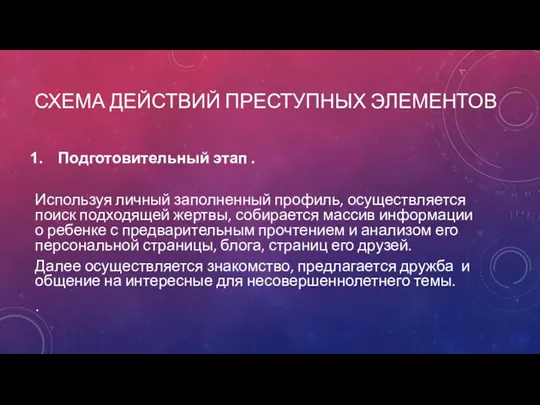 СХЕМА ДЕЙСТВИЙ ПРЕСТУПНЫХ ЭЛЕМЕНТОВ Подготовительный этап . Используя личный заполненный профиль, осуществляется