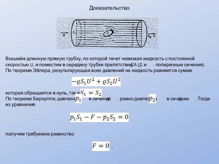 Доказательство Возьмём длинную прямую трубку, по которой течет невязкая жидкость с постоянной