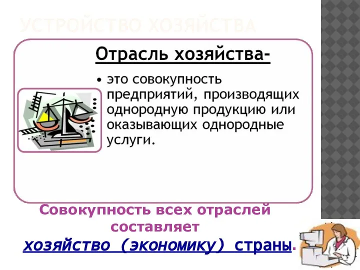 УСТРОЙСТВО ХОЗЯЙСТВА Совокупность всех отраслей составляет хозяйство (экономику) страны.