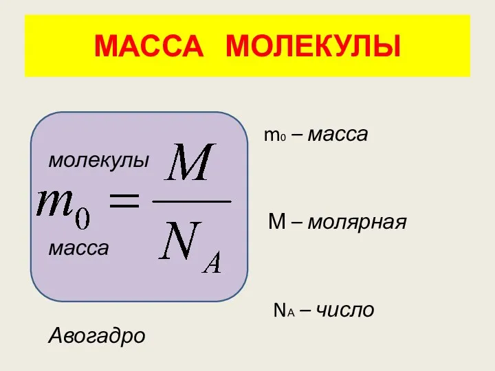 МАССА МОЛЕКУЛЫ m0 – масса молекулы М – молярная масса NА – число Авогадро