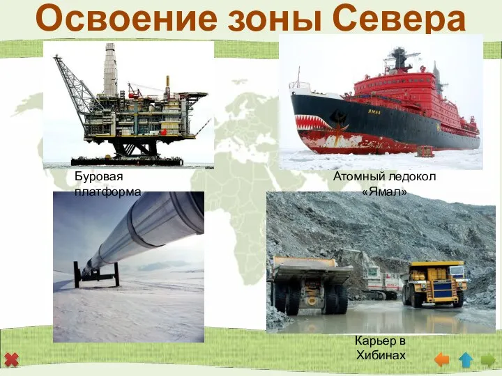 Освоение зоны Севера Буровая платформа Карьер в Хибинах Атомный ледокол «Ямал»