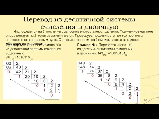 Перевод из десятичной системы счисления в двоичную Число делится на 2, после