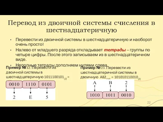 Перевод из двоичной системы счисления в шестнадцатеричную Перевести из двоичной системы в