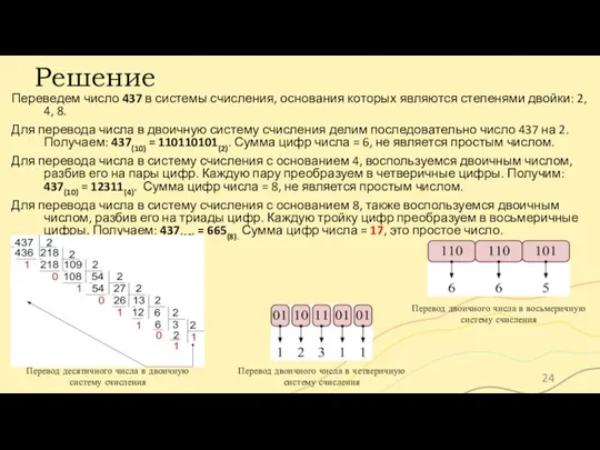 Решение Переведем число 437 в системы счисления, основания которых являются степенями двойки: