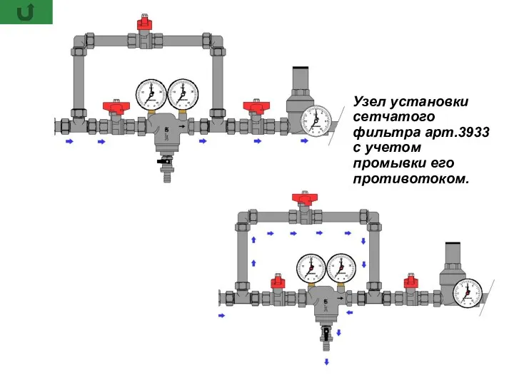 Узел установки сетчатого фильтра арт.3933 с учетом промывки его противотоком.
