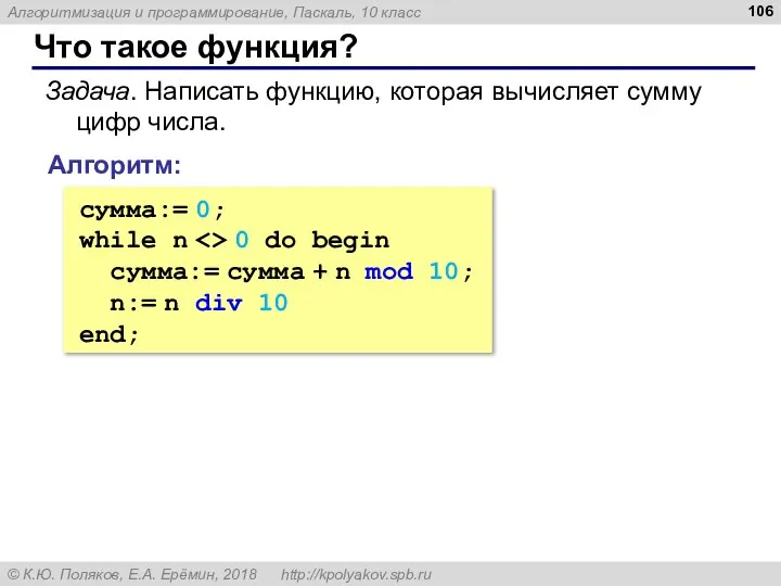 Что такое функция? Задача. Написать функцию, которая вычисляет сумму цифр числа. Алгоритм: