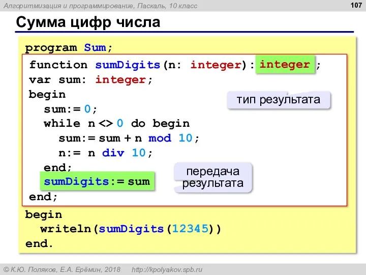 Сумма цифр числа program Sum; begin writeln(sumDigits(12345)) end. function sumDigits(n: integer): ;