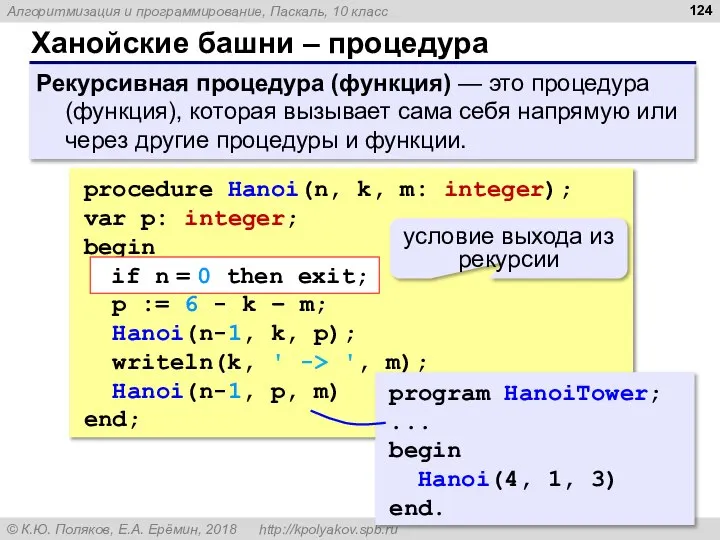 Ханойские башни – процедура Рекурсивная процедура (функция) — это процедура (функция), которая