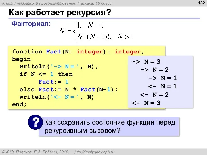 Как работает рекурсия? function Fact(N: integer): integer; begin writeln('-> N = ',