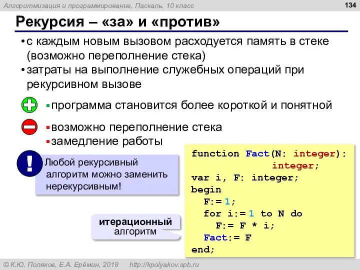 Рекурсия – «за» и «против» с каждым новым вызовом расходуется память в