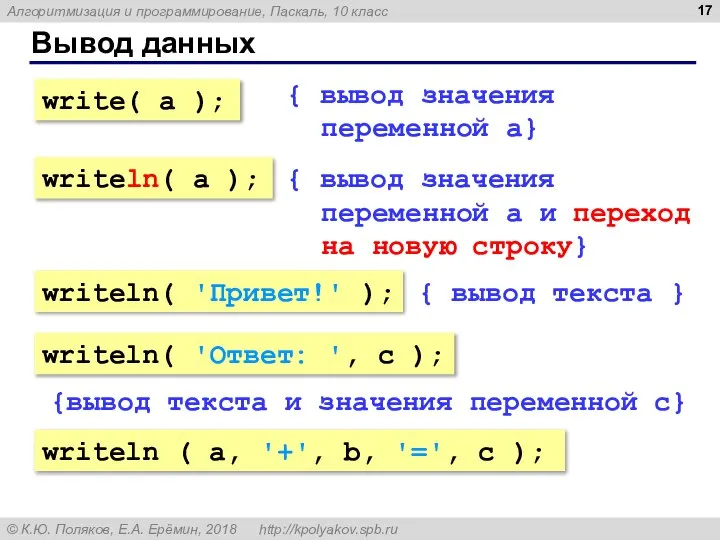 Вывод данных { вывод значения переменной a} { вывод значения переменной a