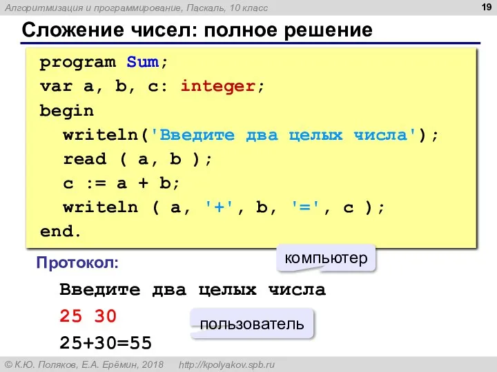 Сложение чисел: полное решение program Sum; var a, b, c: integer; begin