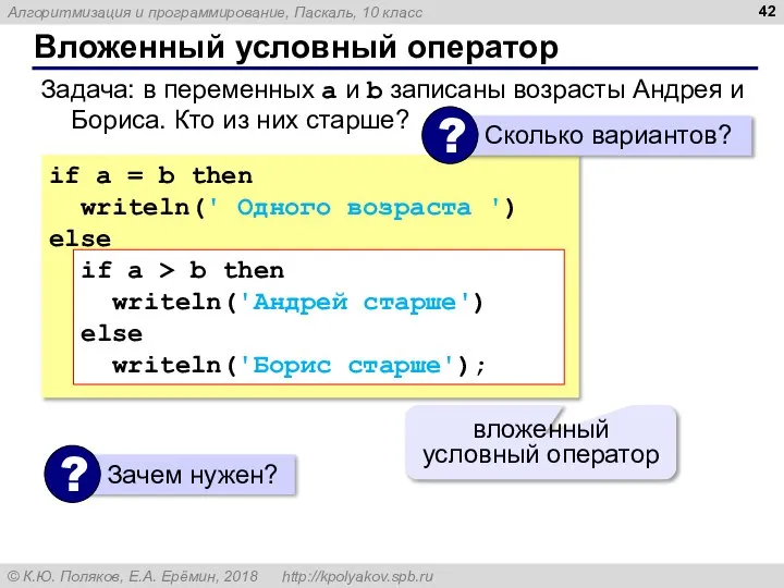 Вложенный условный оператор if a = b then writeln(' Одного возраста ')