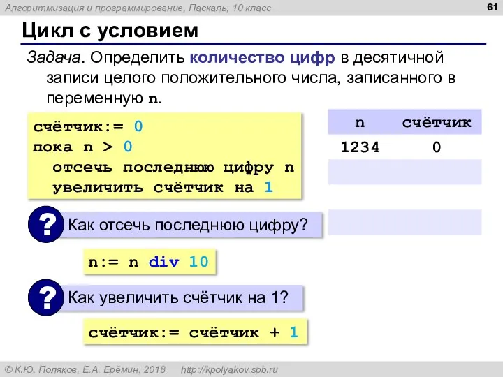 Цикл с условием Задача. Определить количество цифр в десятичной записи целого положительного