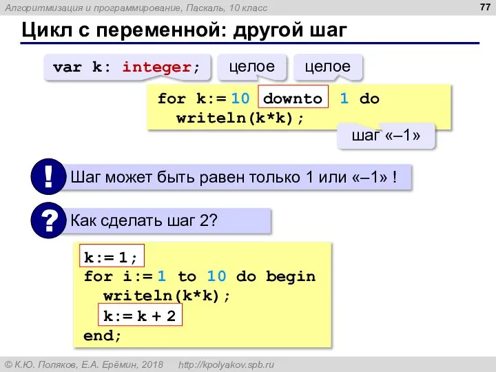 Цикл с переменной: другой шаг for k:= 10 1 do writeln(k*k); downto