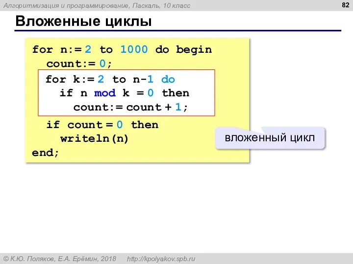 Вложенные циклы for n:= 2 to 1000 do begin count:= 0; if