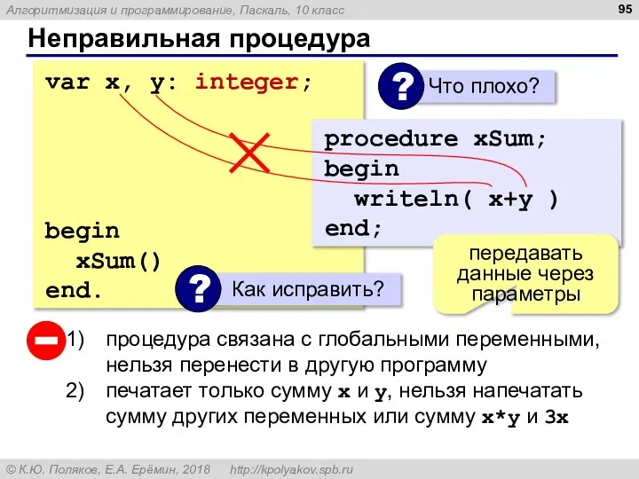 Неправильная процедура var x, y: integer; procedure xSum; begin writeln( x+y )